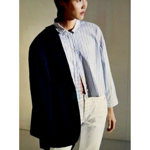 Everlane Long Sleeve Cotton Poplin Crop PJ Top blouse Blue Stripes - Picture 1 of 12